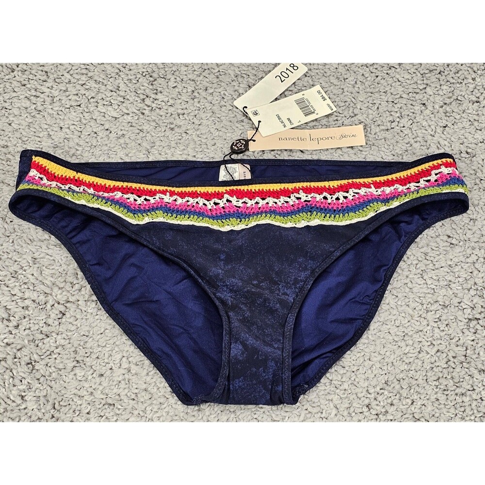 NWT Nanette Lepore Crochet Bikini Bottom Size L Rainbow Blue Swim Beach Resort